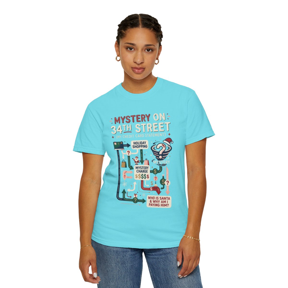 Color: Lagoon Blue | Mystery On 34th Street Unisex Garment-Dyed Tee