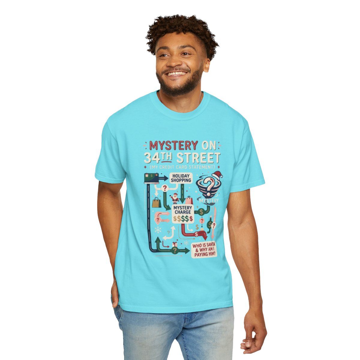 Color: Lagoon Blue | Mystery On 34th Street Unisex Garment-Dyed Tee