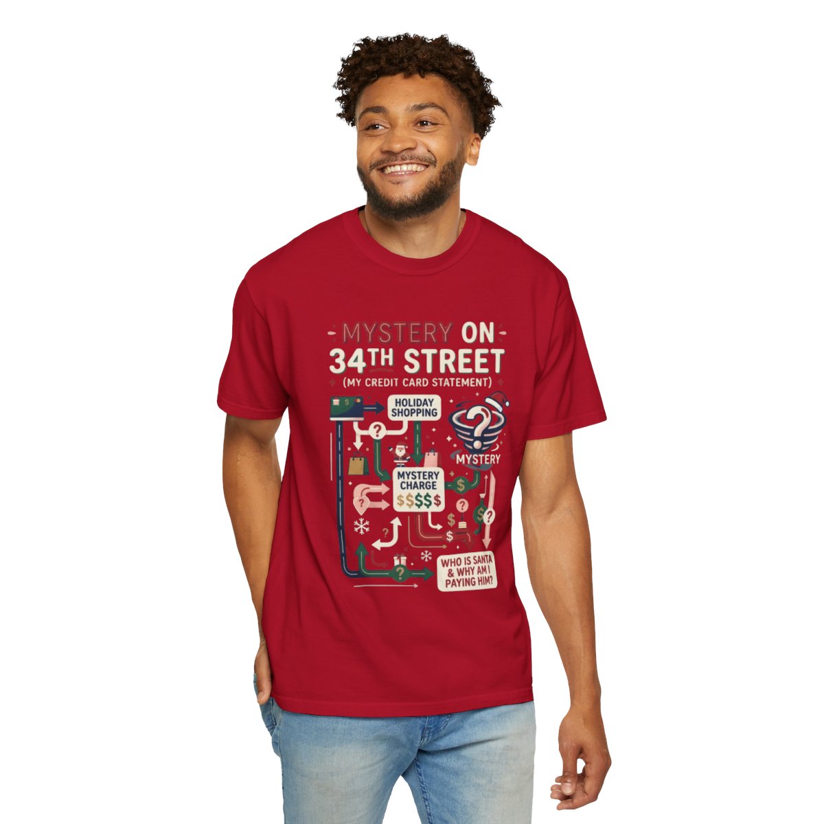 Color: Red | Mystery On 34th Street Unisex Garment-Dyed Tee