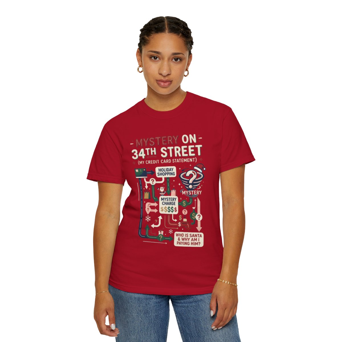 Color: Red | Mystery On 34th Street Unisex Garment-Dyed Tee