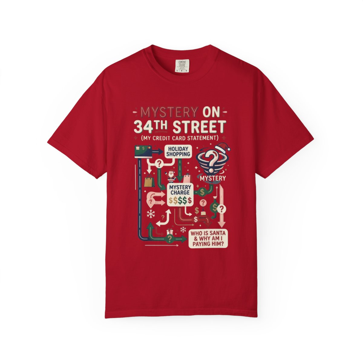 Color: Red | Mystery On 34th Street Unisex Garment-Dyed Tee
