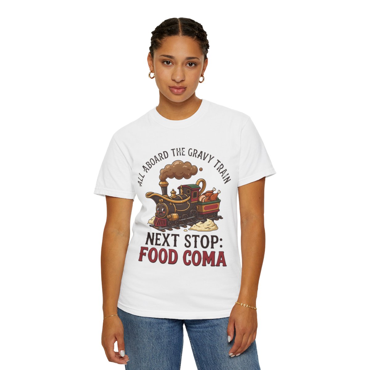 Color: White | Next Stop Food Coma Unisex Garment-Dyed Tee