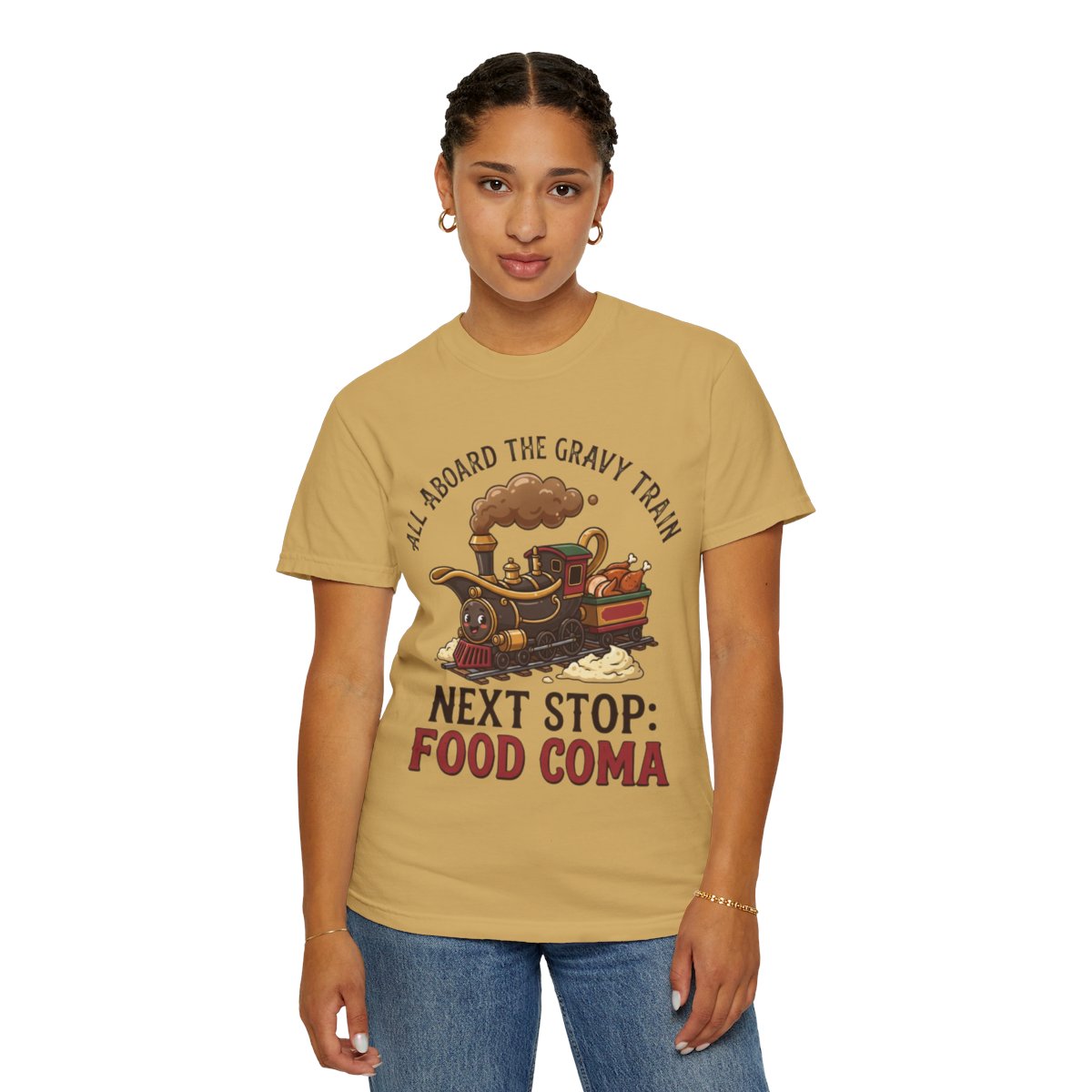 Color: Mustard | Next Stop Food Coma Unisex Garment-Dyed Tee