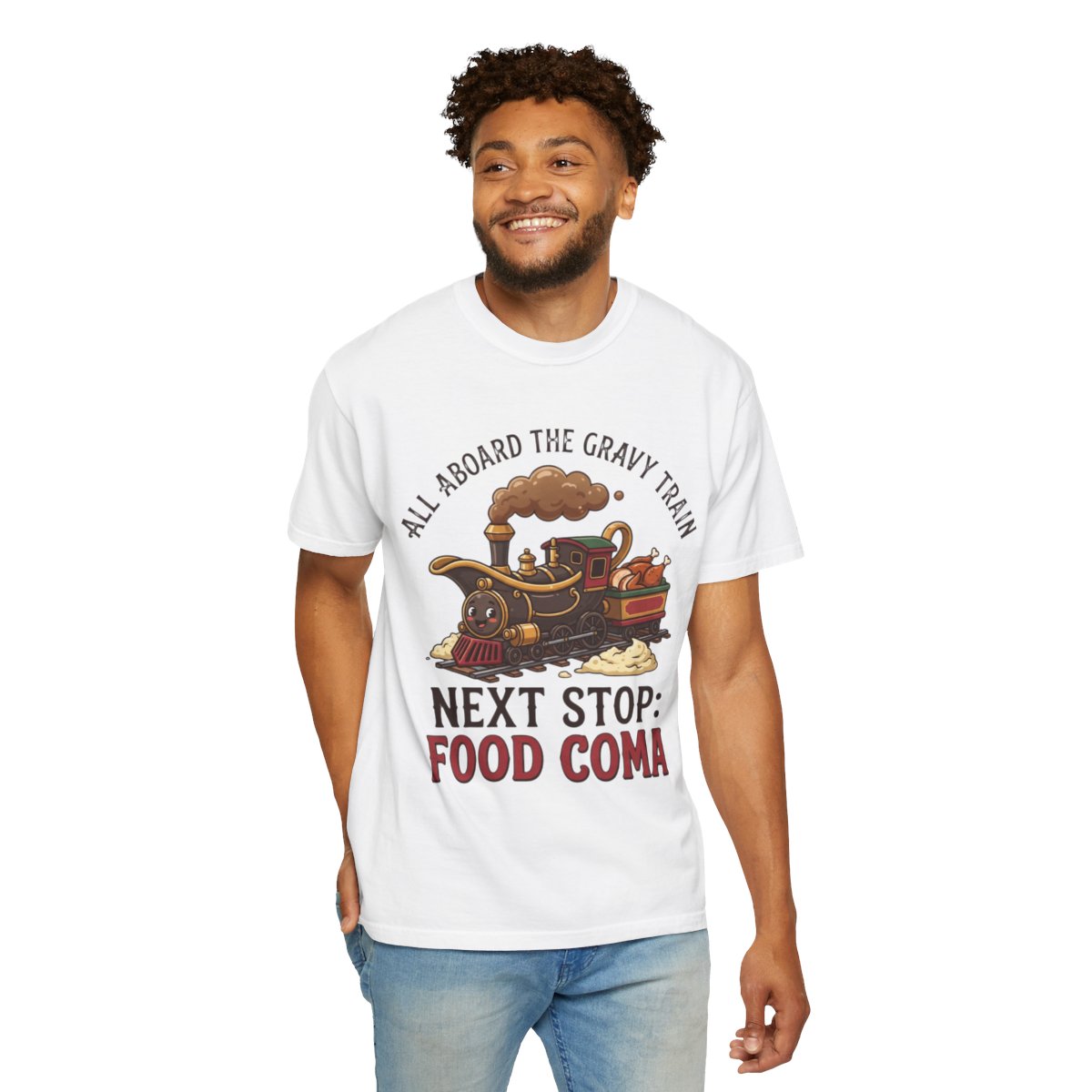 Color: White | Next Stop Food Coma Unisex Garment-Dyed Tee