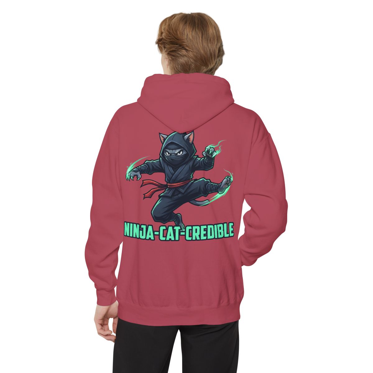 Color: Crimson | Ninja Cat Credible Garment-Dyed Hoodie