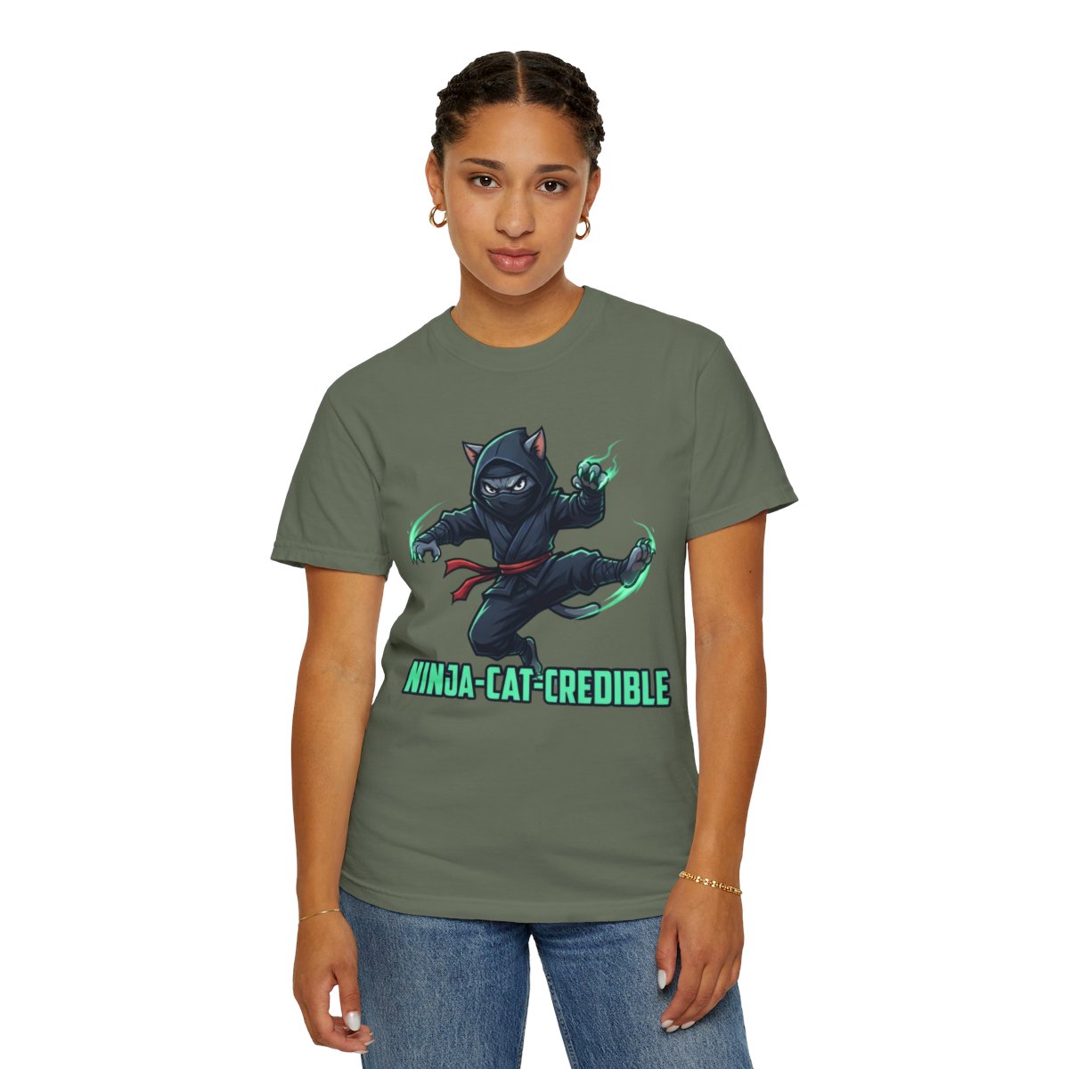 Color: Moss | Ninja Cat Credible Unisex Garment-Dyed Tee
