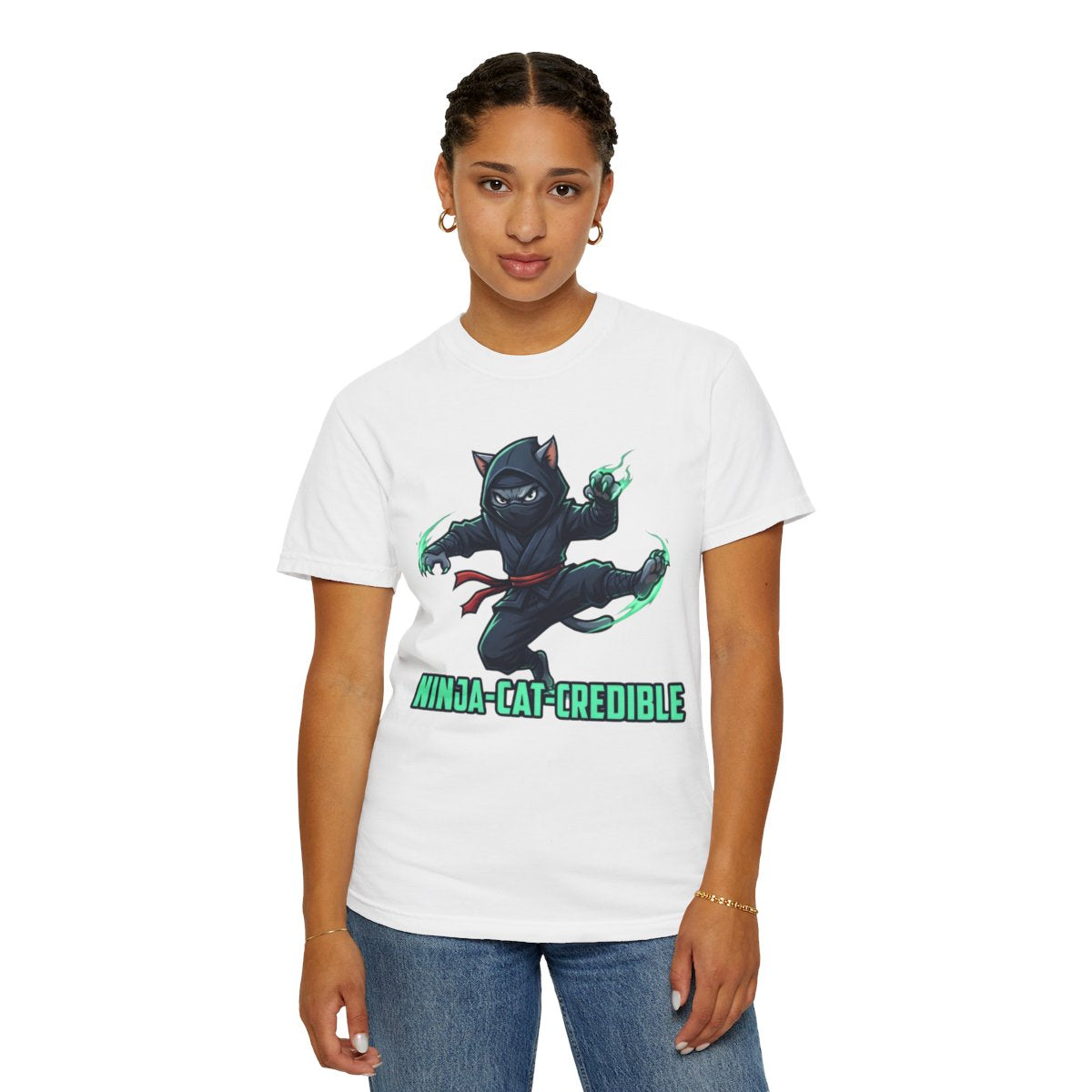 Color: White | Ninja Cat Credible Unisex Garment-Dyed Tee