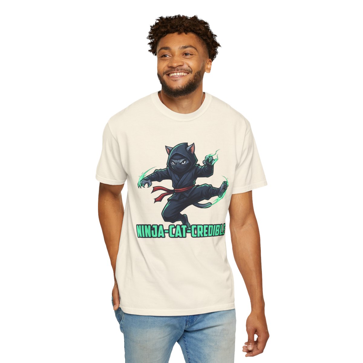 Color: Ivory | Ninja Cat Credible Unisex Garment-Dyed Tee