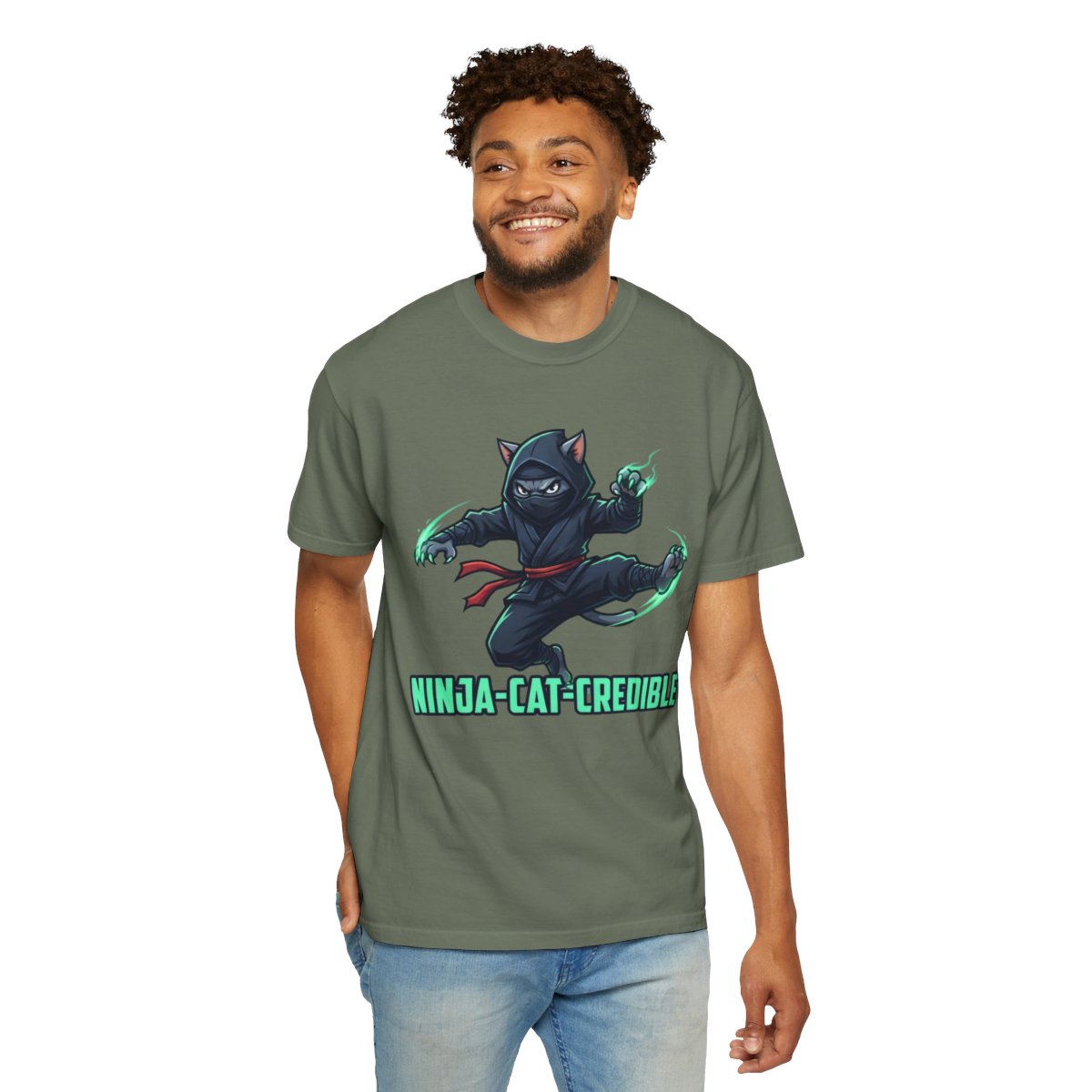 Color: Moss | Ninja Cat Credible Unisex Garment-Dyed Tee
