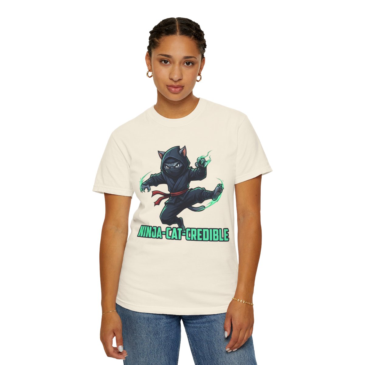 Color: Ivory | Ninja Cat Credible Unisex Garment-Dyed Tee