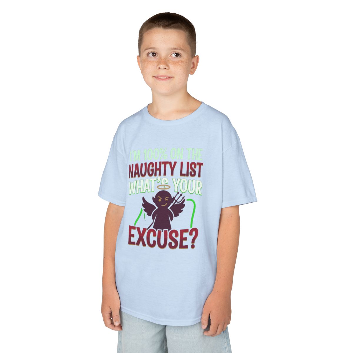 Color: Light Blue | On The Naughty List Kids Tee