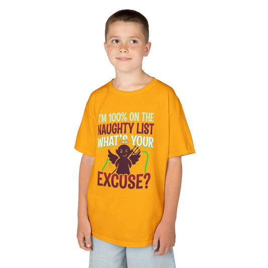 Color: Gold | On The Naughty List Kids Tee