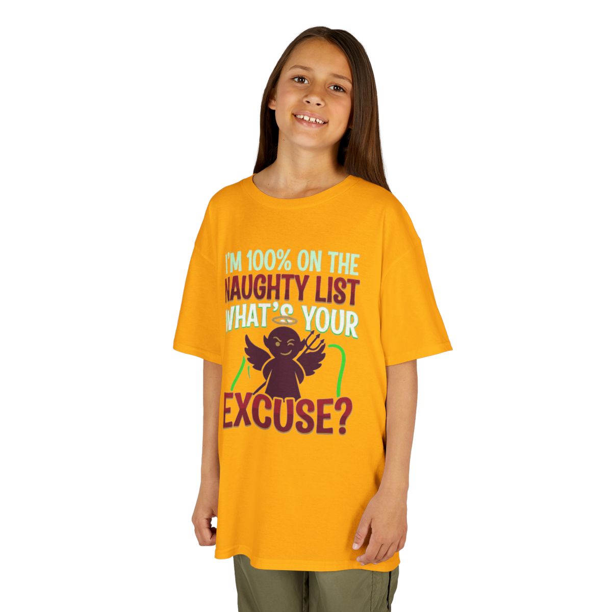 Color: Gold | On The Naughty List Kids Tee