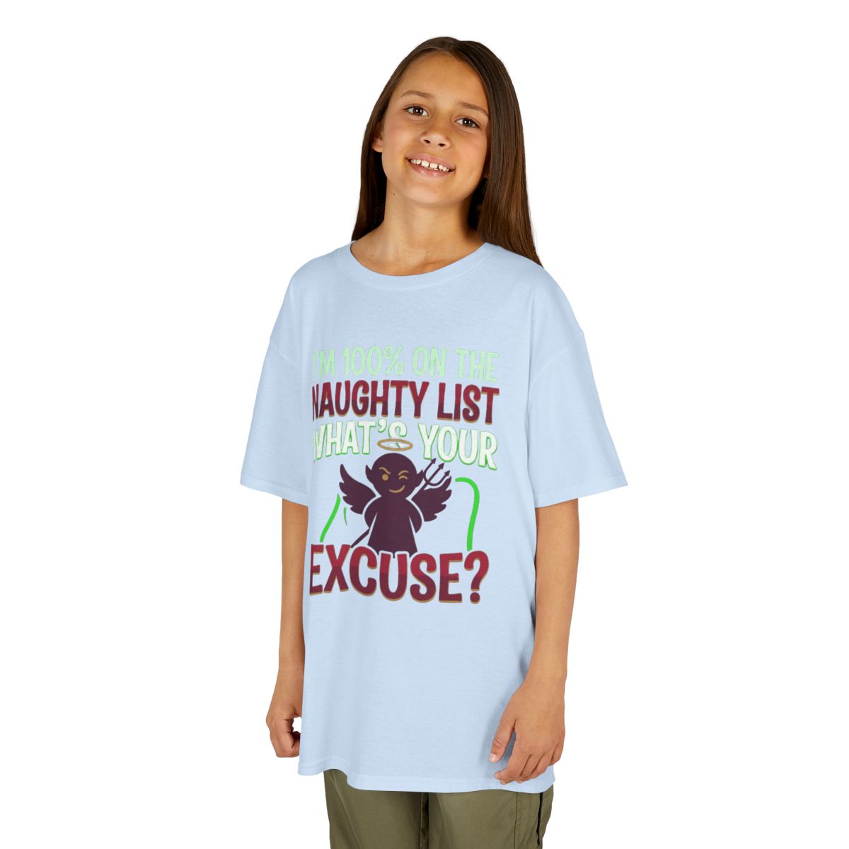 Color: Light Blue | On The Naughty List Kids Tee