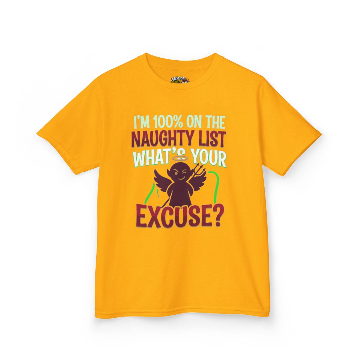 Color: Gold | On The Naughty List Kids Tee