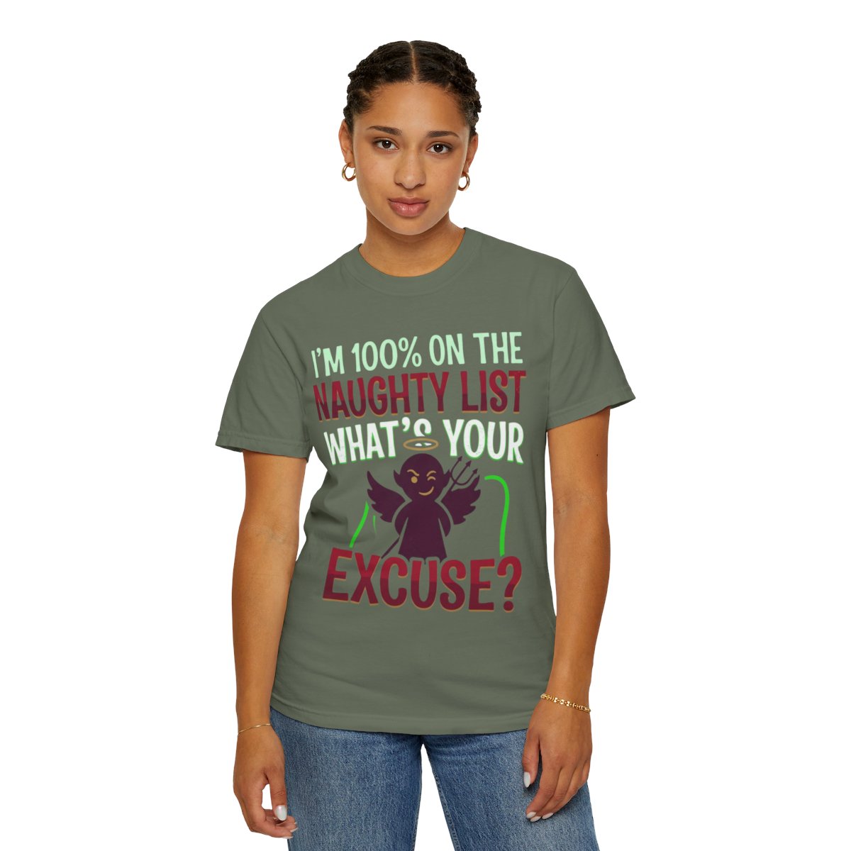Color: Moss | On The Naughty List Unisex Garment-Dyed Tee