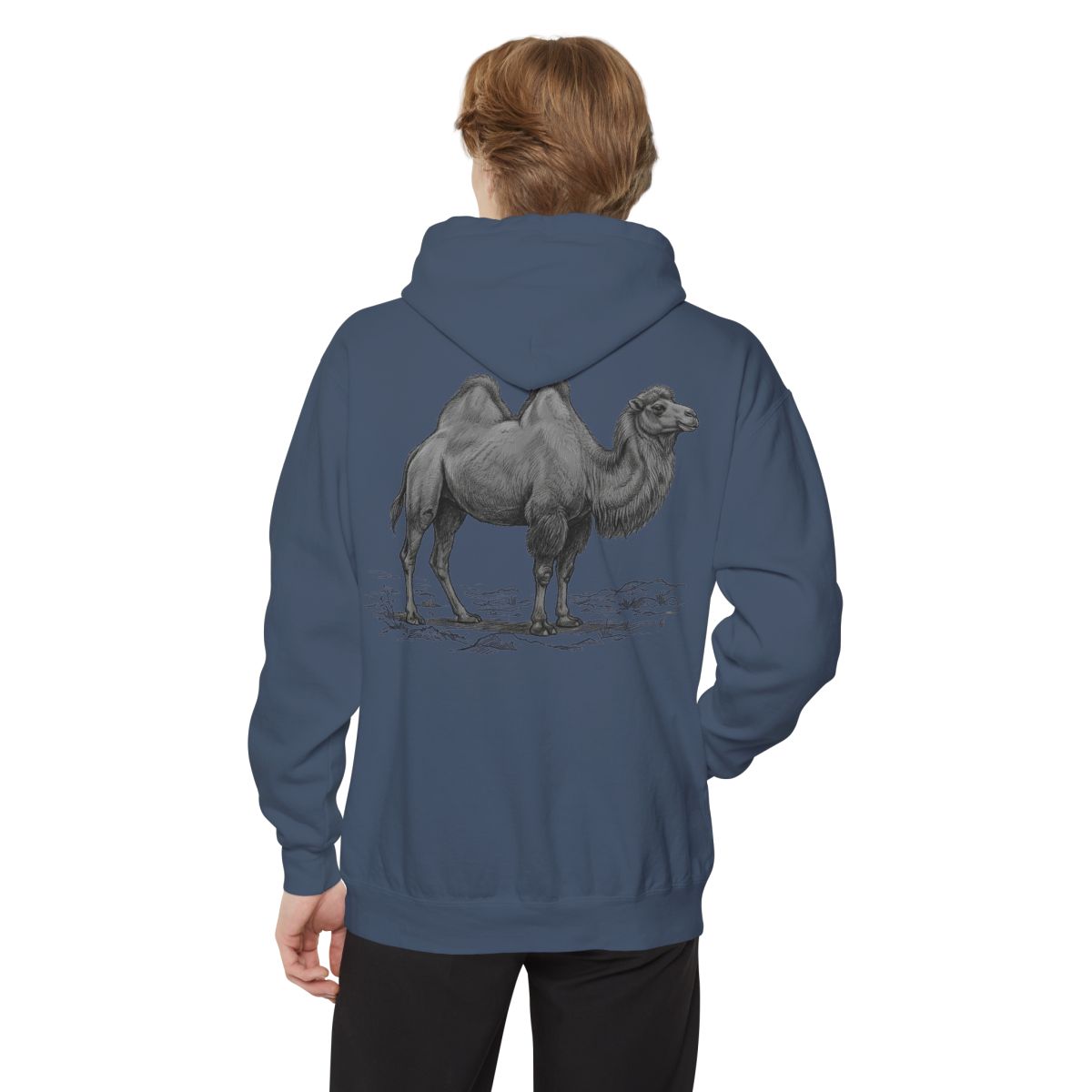 Color: Denim | Pencil Sketch Art Camel Garment-Dyed Hoodie