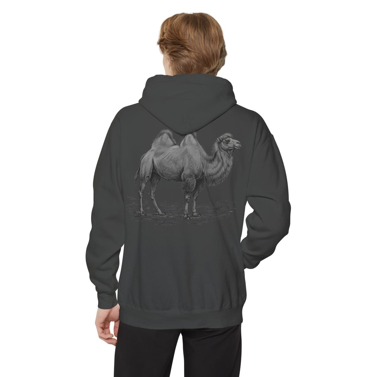 Color: Pepper | Pencil Sketch Art Camel Garment-Dyed Hoodie