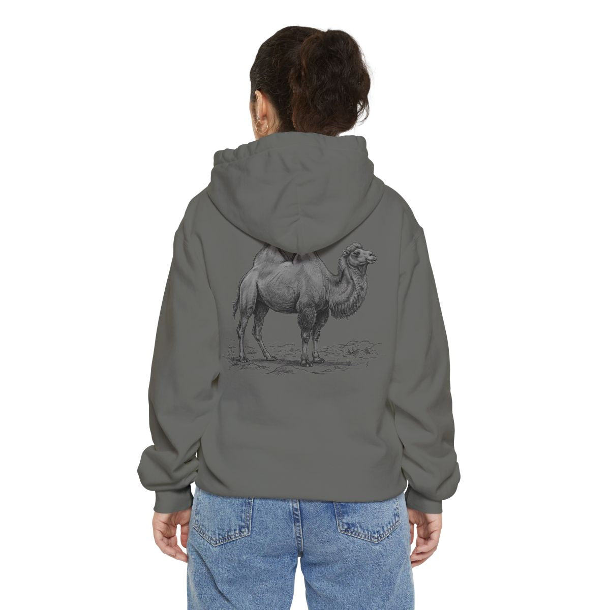Color: Grey | Pencil Sketch Art Camel Garment-Dyed Hoodie