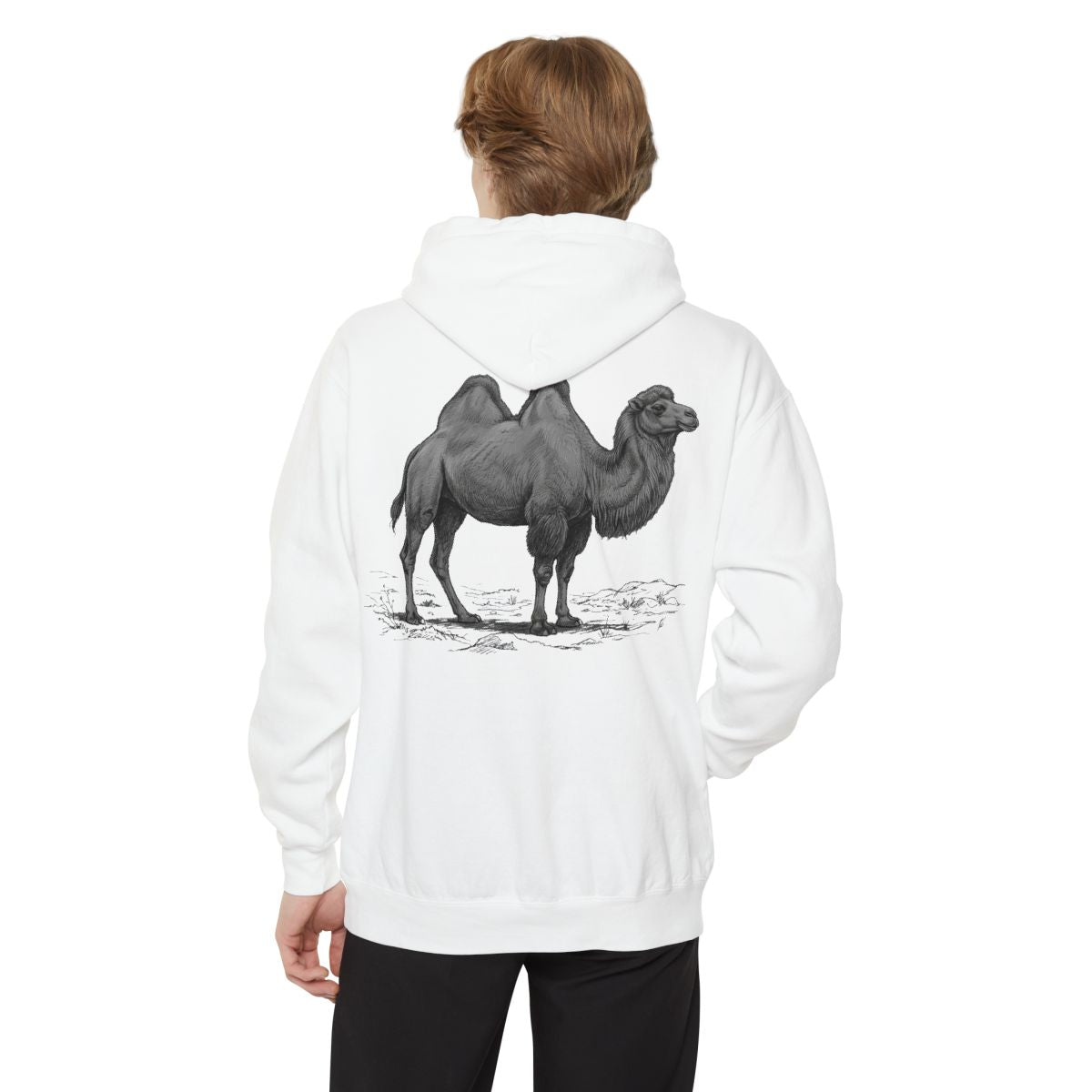 Color: White | Pencil Sketch Art Camel Garment-Dyed Hoodie