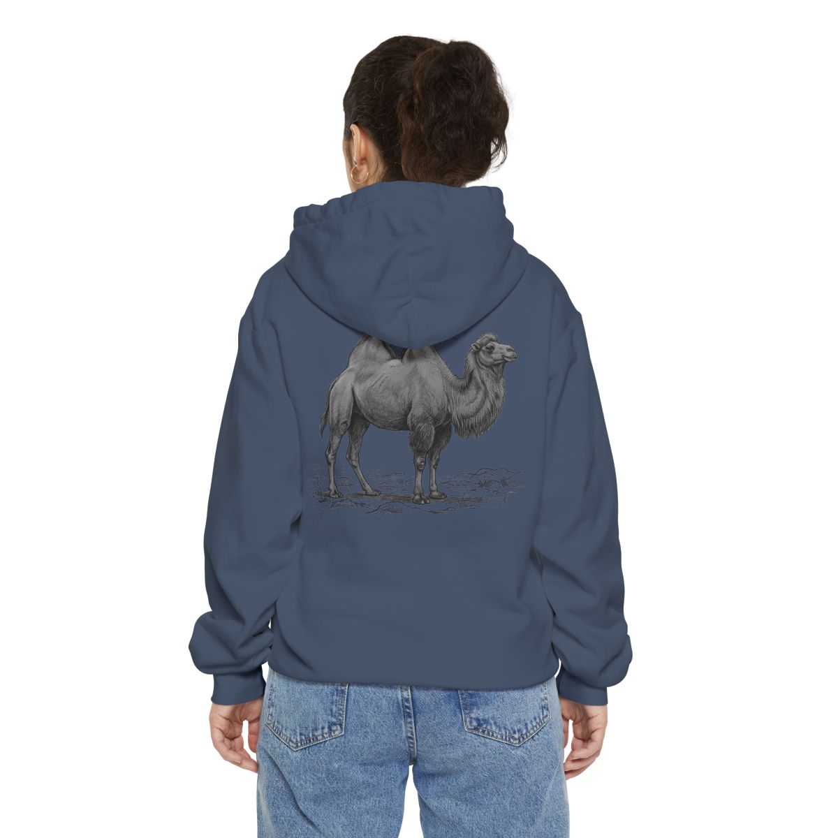 Color: Denim | Pencil Sketch Art Camel Garment-Dyed Hoodie