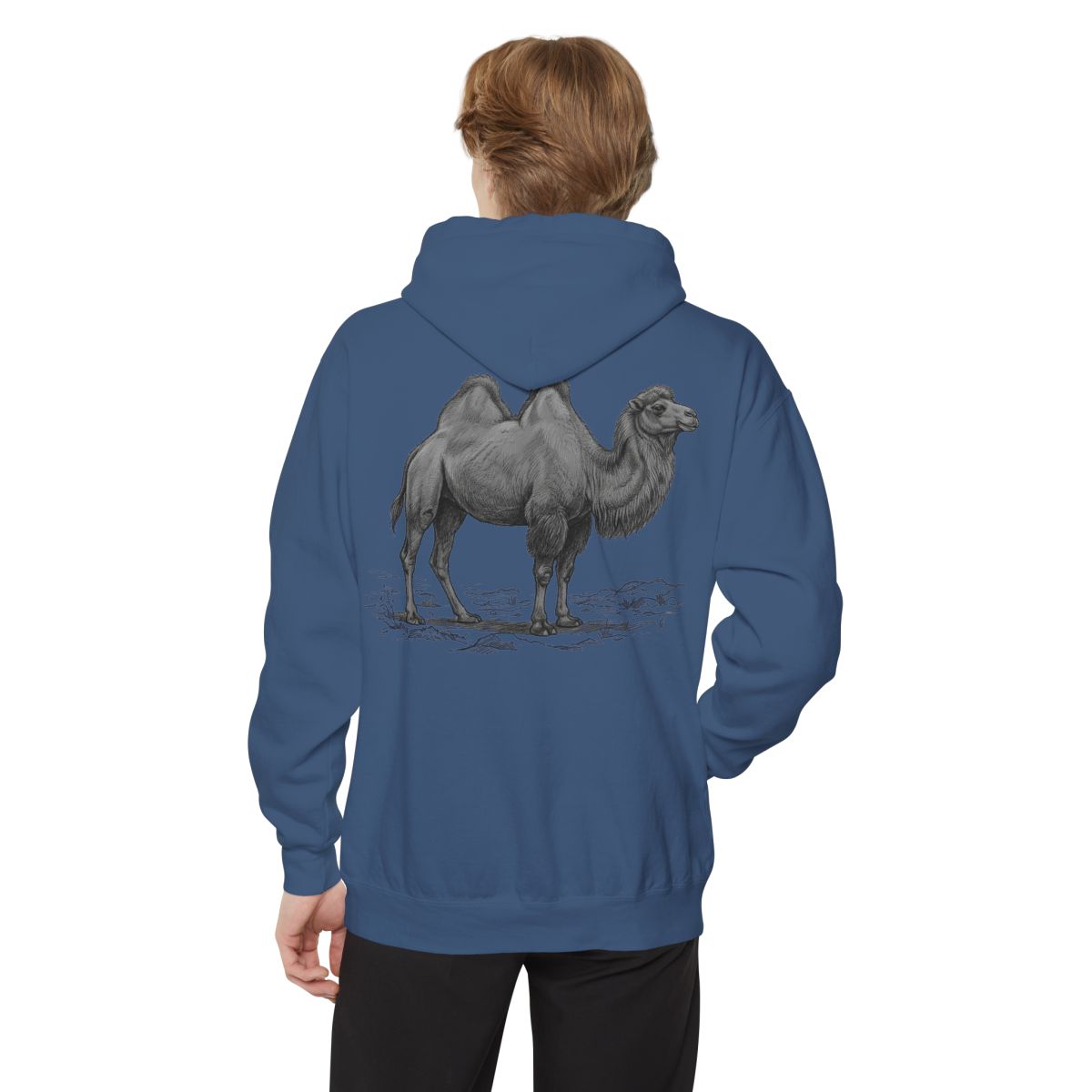 Color: True Navy | Pencil Sketch Art Camel Garment-Dyed Hoodie