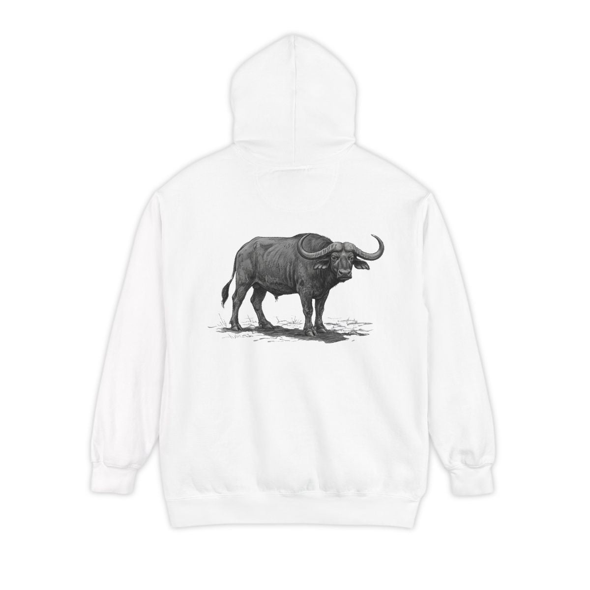 Color: White | Pencil Sketch Art Cape Buffalo Garment-Dyed Hoodie