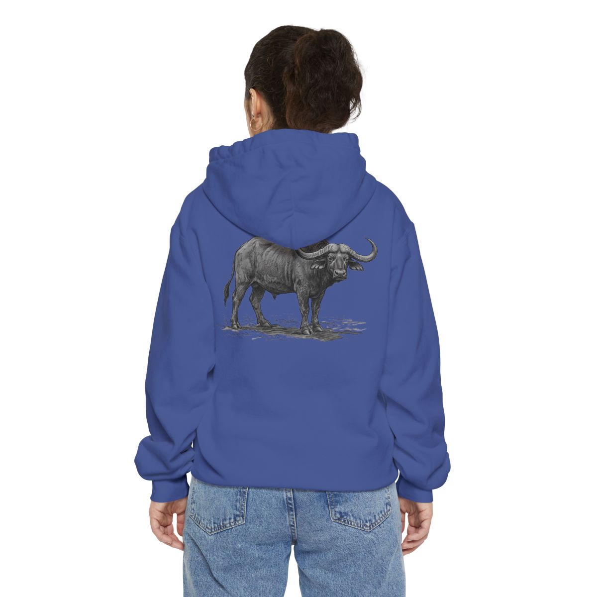 Color: Flo Blue | Pencil Sketch Art Cape Buffalo Garment-Dyed Hoodie