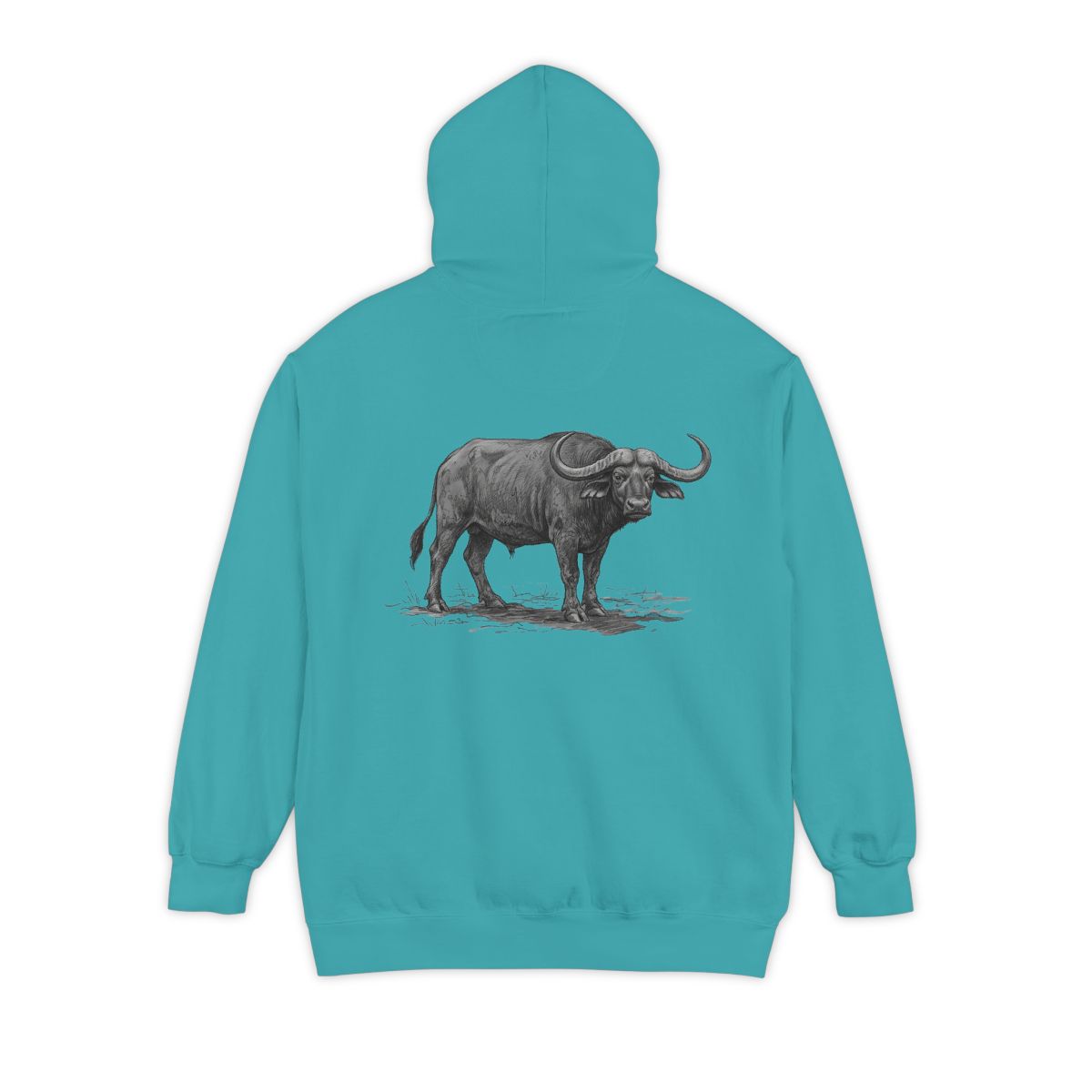 Color: Seafoam | Pencil Sketch Art Cape Buffalo Garment-Dyed Hoodie