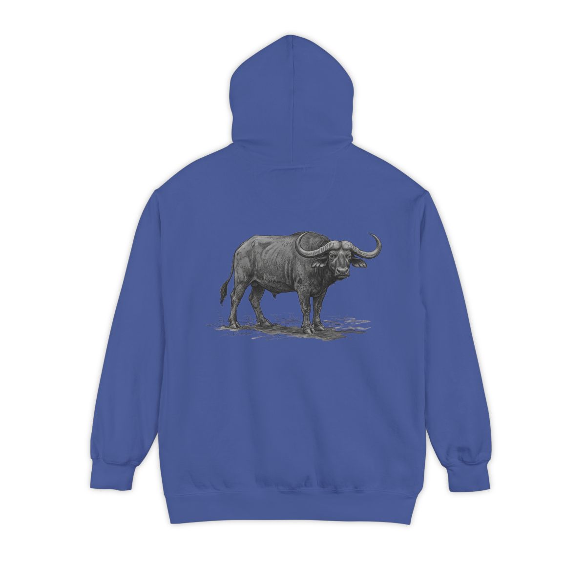 Color: Flo Blue | Pencil Sketch Art Cape Buffalo Garment-Dyed Hoodie