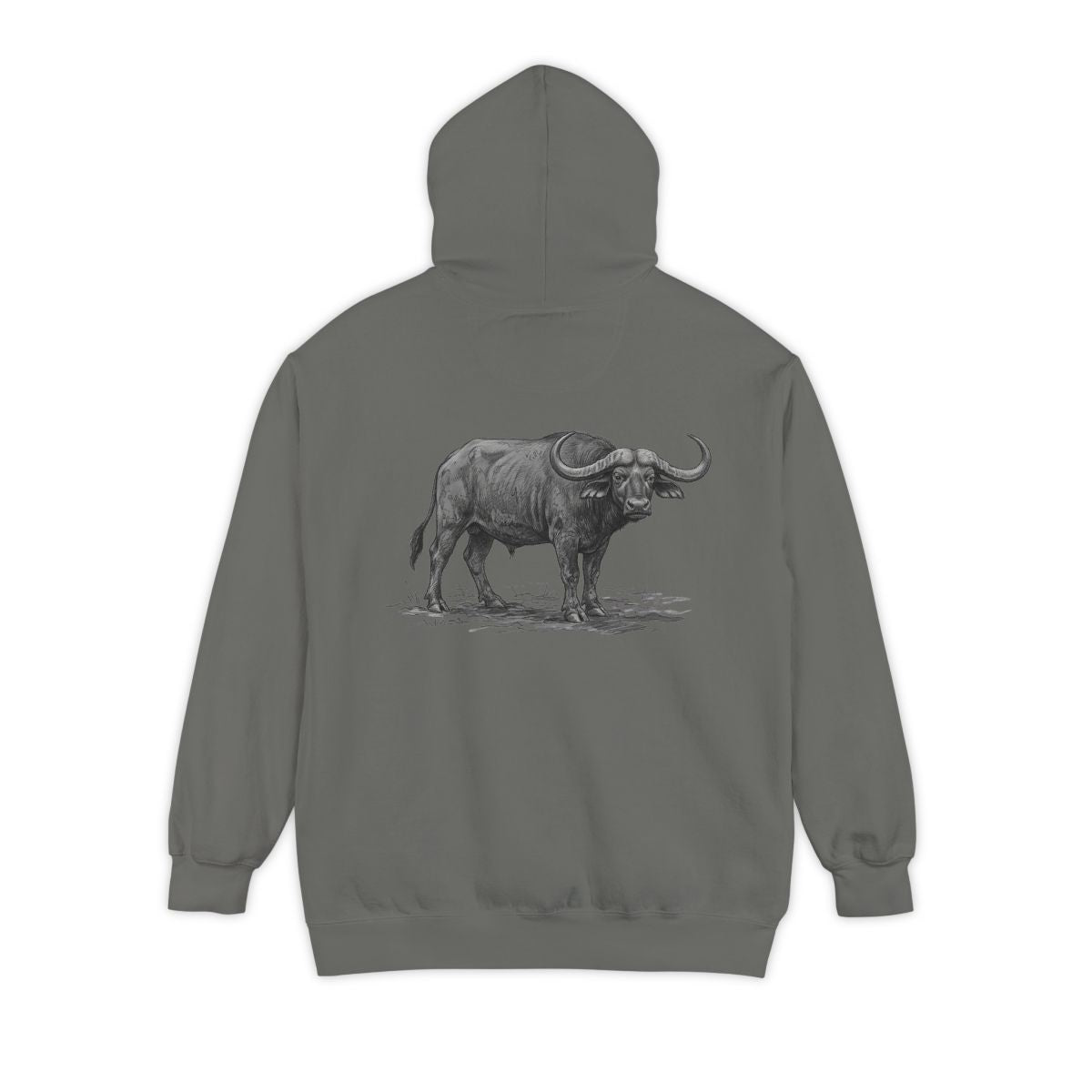 Color: Grey | Pencil Sketch Art Cape Buffalo Garment-Dyed Hoodie