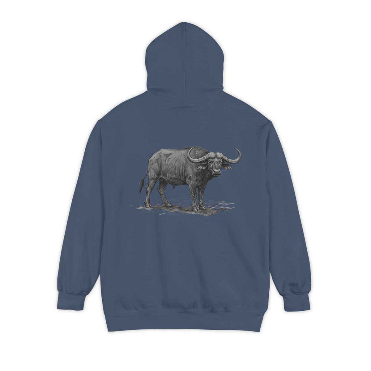 Color: Denim | Pencil Sketch Art Cape Buffalo Garment-Dyed Hoodie
