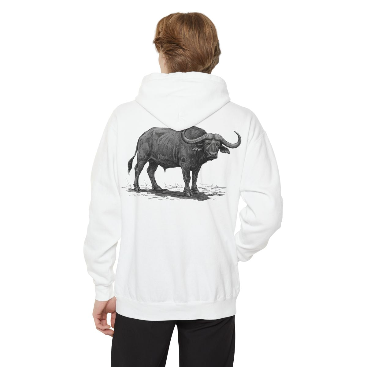 Color: White | Pencil Sketch Art Cape Buffalo Garment-Dyed Hoodie
