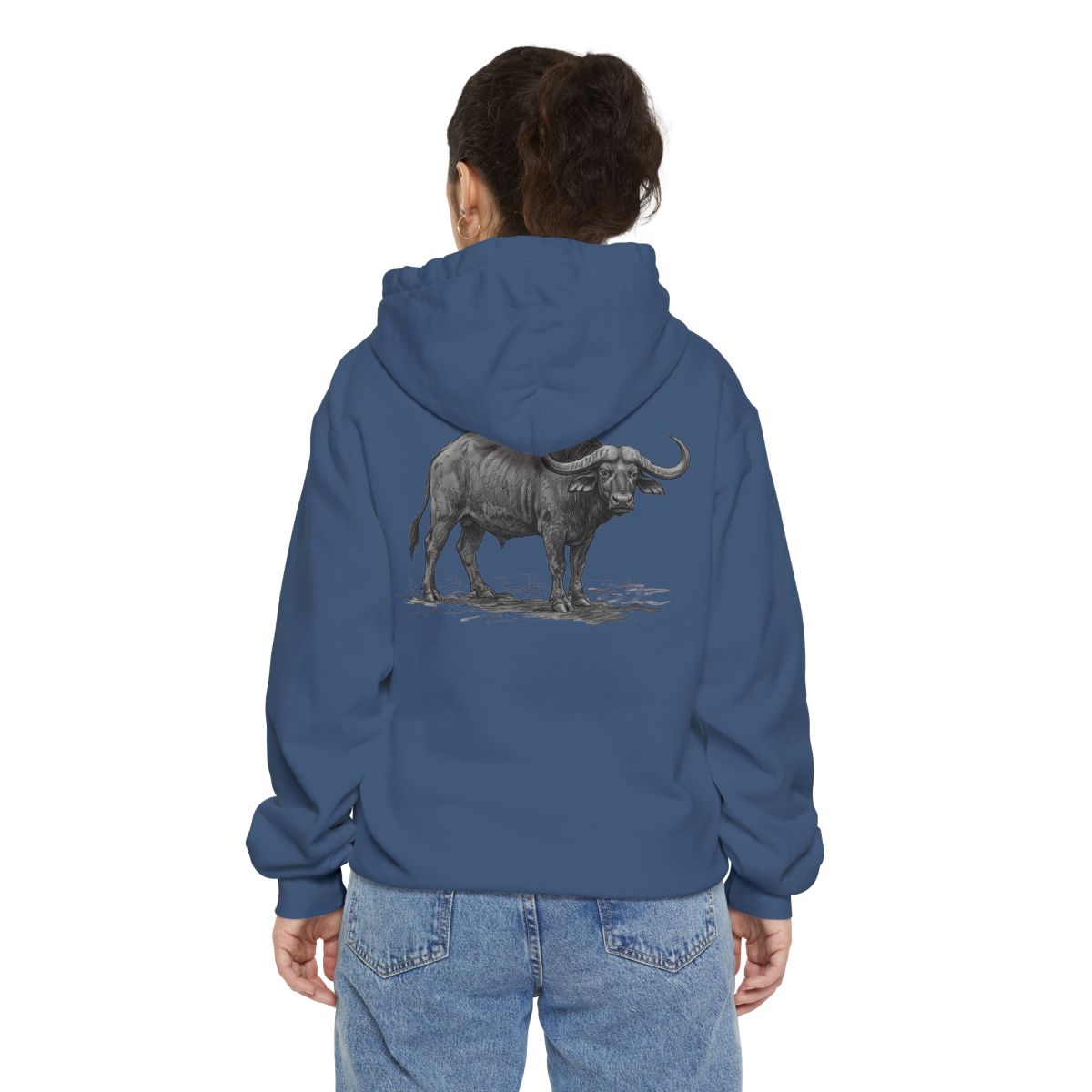 Color: True Navy | Pencil Sketch Art Cape Buffalo Garment-Dyed Hoodie