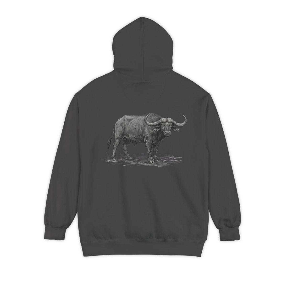 Color: Pepper | Pencil Sketch Art Cape Buffalo Garment-Dyed Hoodie