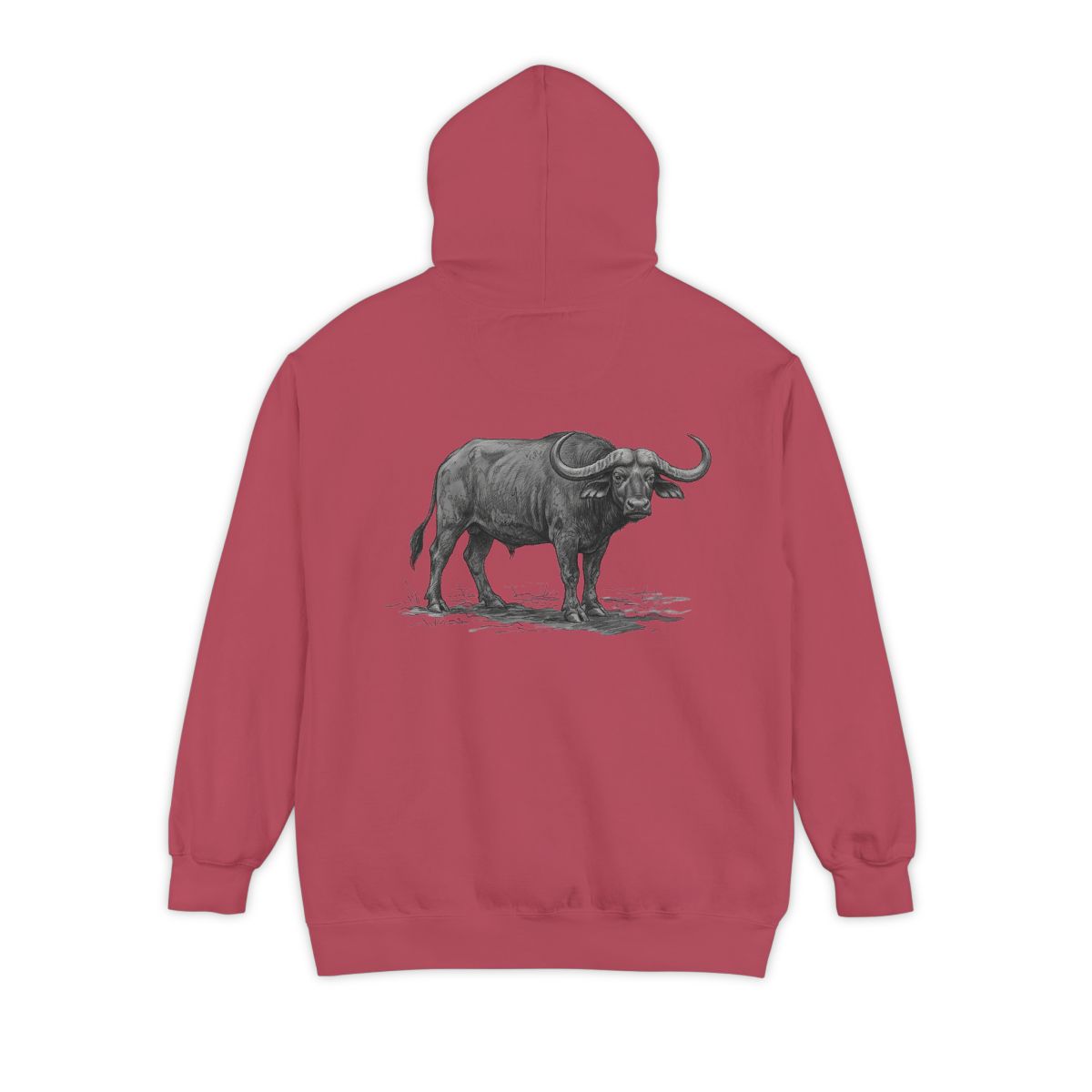 Color: Crimson | Pencil Sketch Art Cape Buffalo Garment-Dyed Hoodie