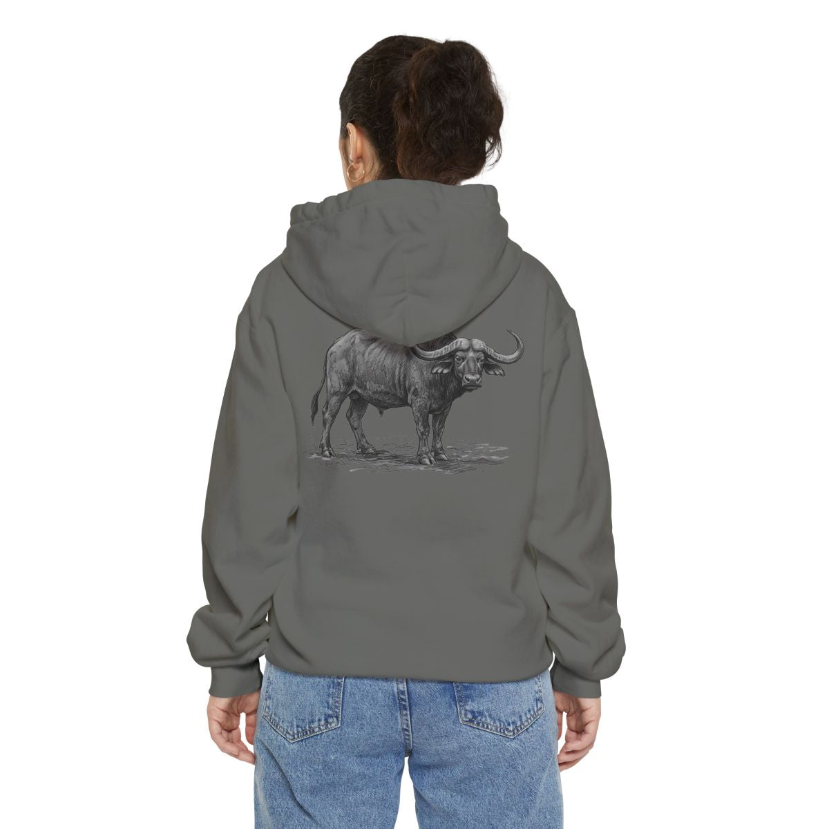 Color: Grey | Pencil Sketch Art Cape Buffalo Garment-Dyed Hoodie
