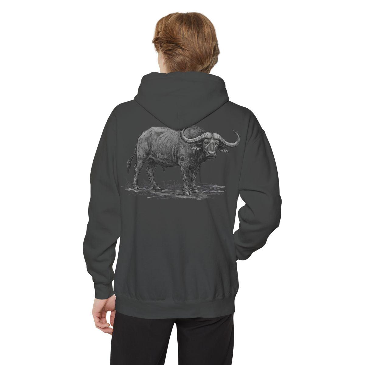 Color: Pepper | Pencil Sketch Art Cape Buffalo Garment-Dyed Hoodie
