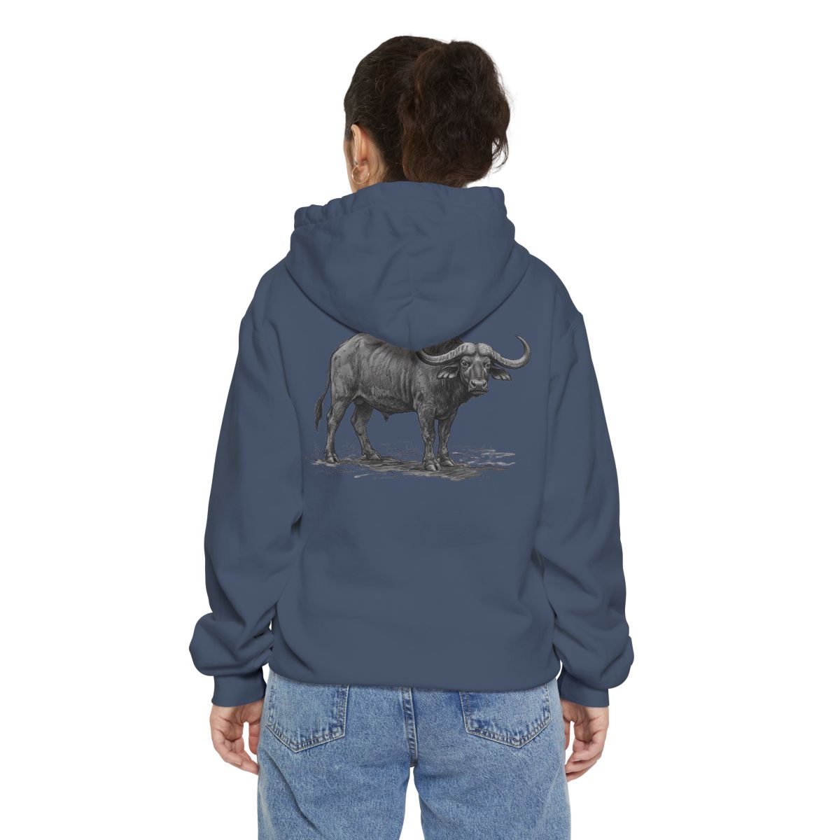 Color: Denim | Pencil Sketch Art Cape Buffalo Garment-Dyed Hoodie