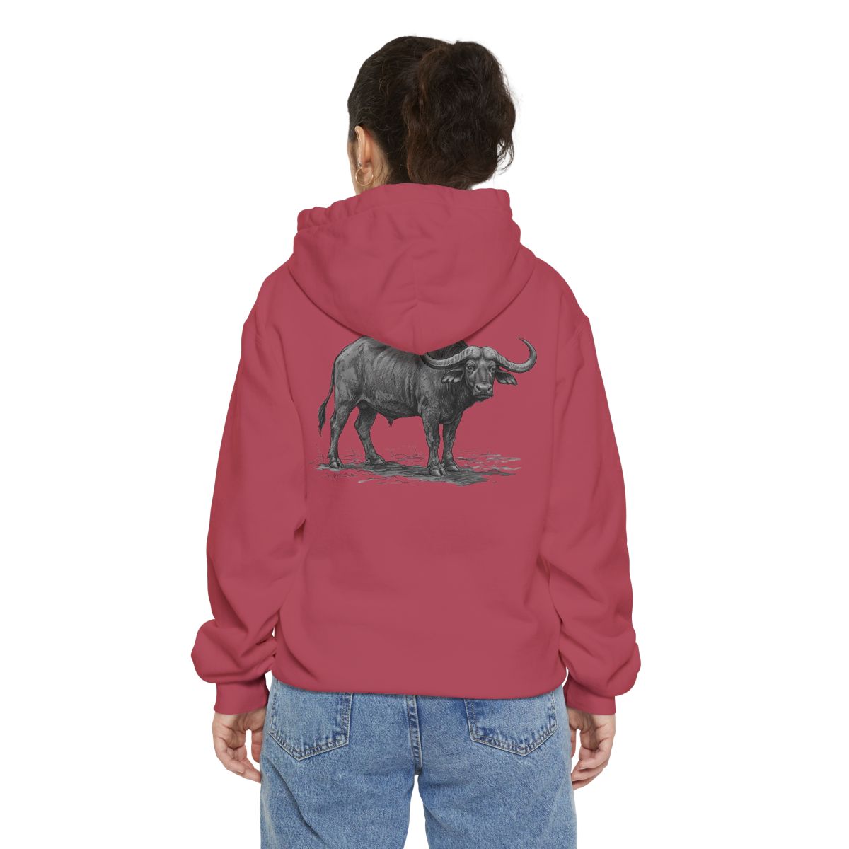Color: Crimson | Pencil Sketch Art Cape Buffalo Garment-Dyed Hoodie
