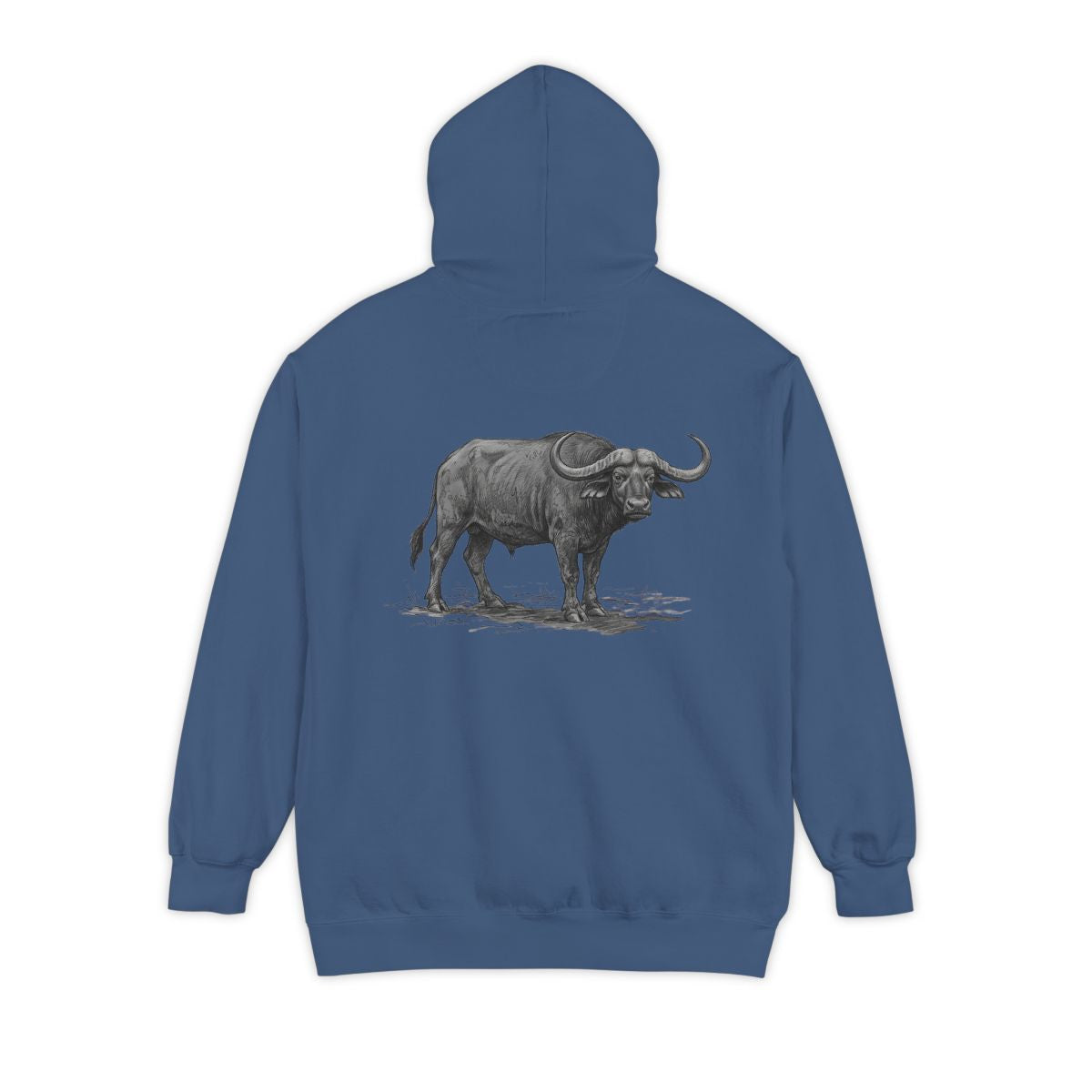 Color: True Navy | Pencil Sketch Art Cape Buffalo Garment-Dyed Hoodie