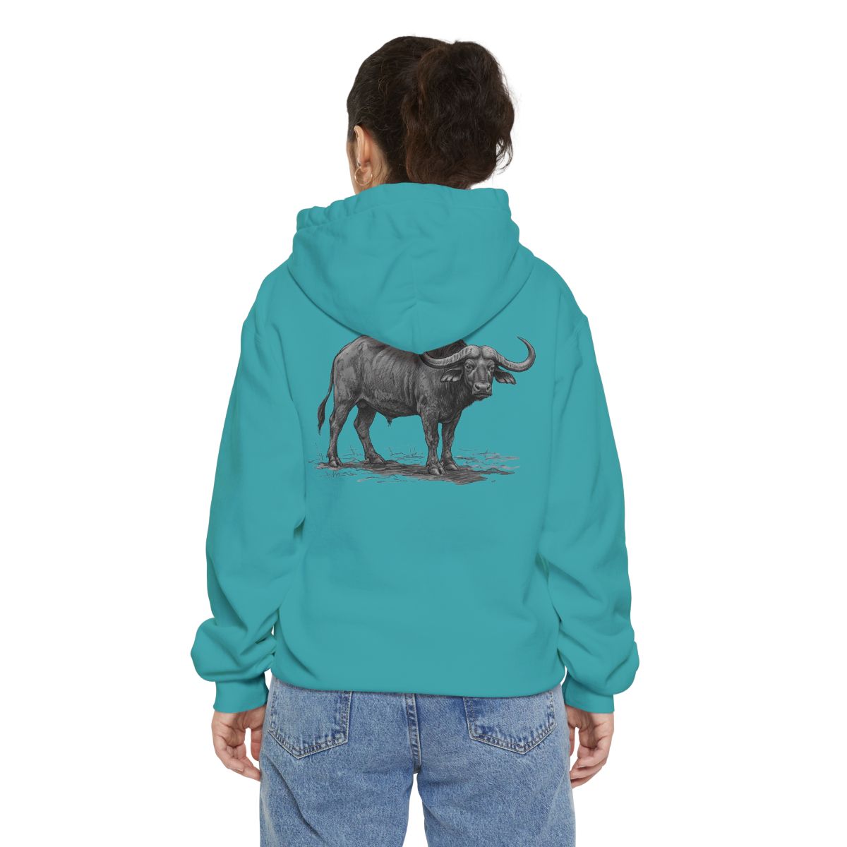 Color: Seafoam | Pencil Sketch Art Cape Buffalo Garment-Dyed Hoodie