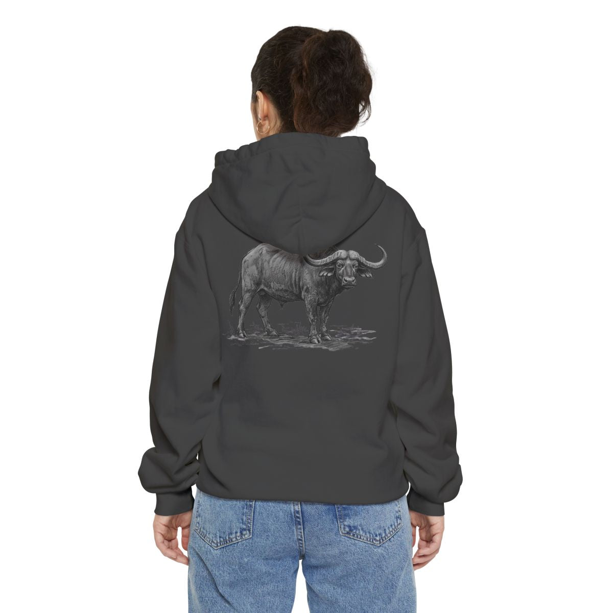 Color: Pepper | Pencil Sketch Art Cape Buffalo Garment-Dyed Hoodie