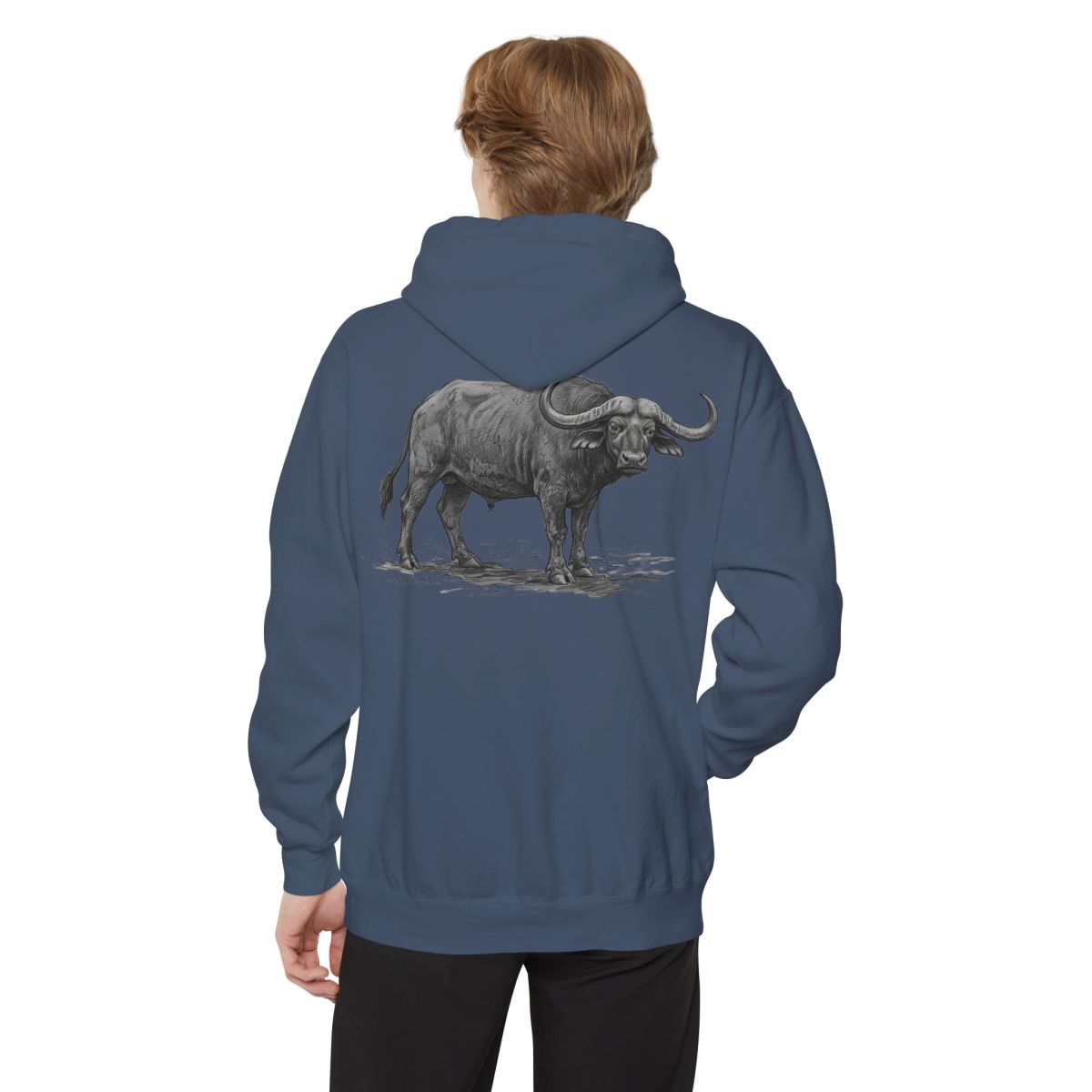 Color: Denim | Pencil Sketch Art Cape Buffalo Garment-Dyed Hoodie