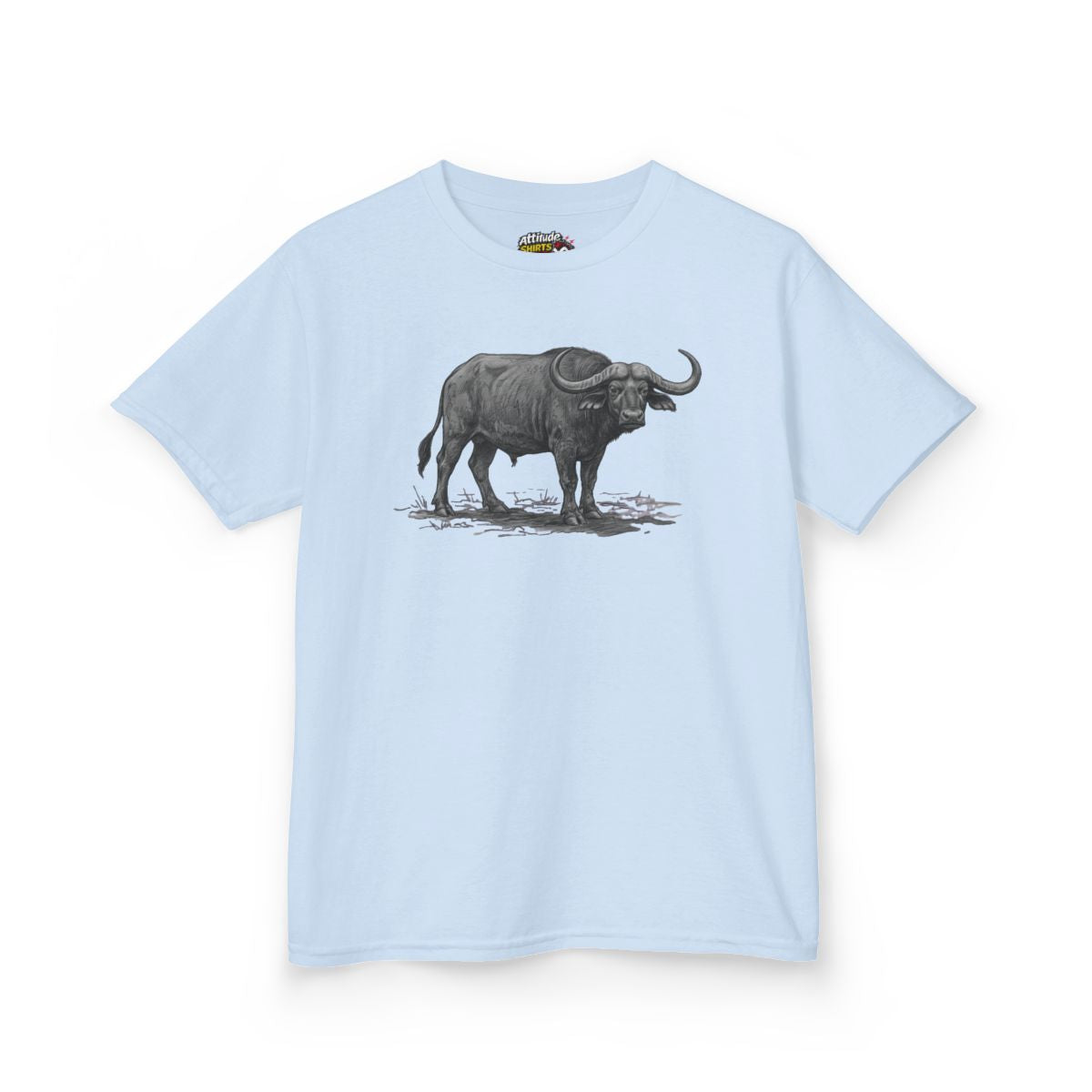 Color: Light Blue | Pencil Sketch Art Cape Buffalo Kids Tee