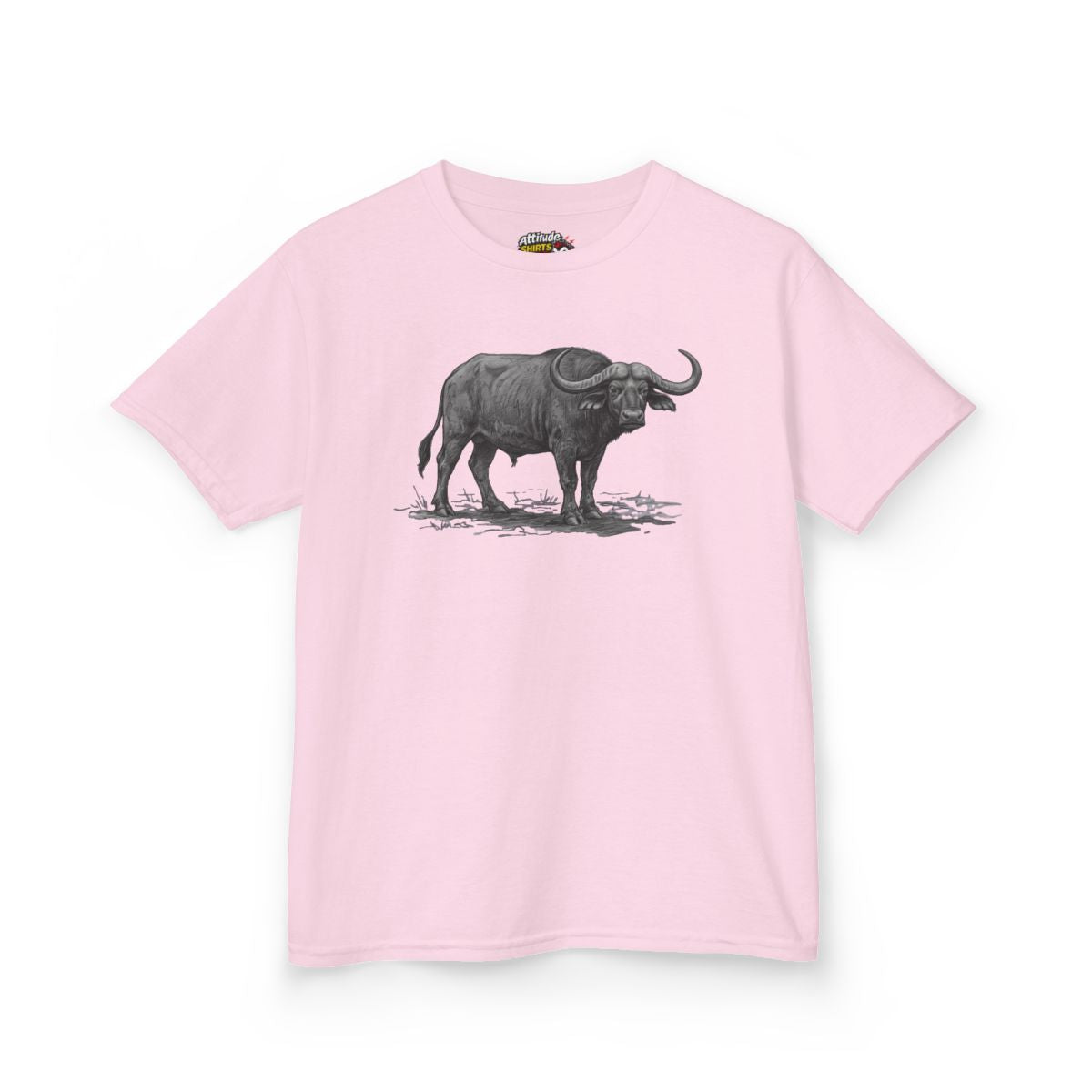 Color: Light Pink | Pencil Sketch Art Cape Buffalo Kids Tee