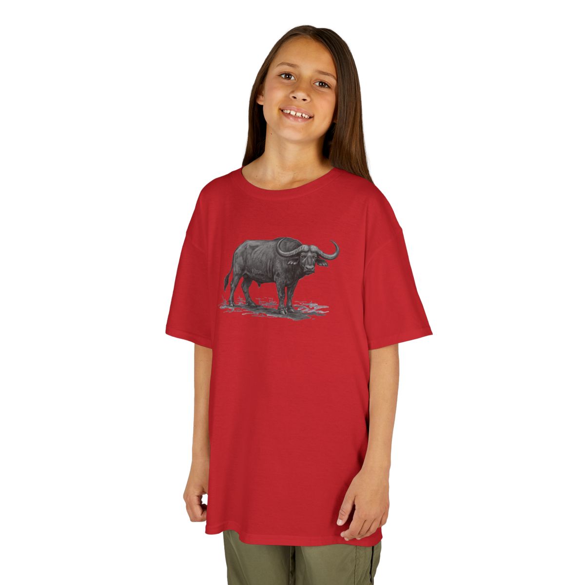 Color: Red | Pencil Sketch Art Cape Buffalo Kids Tee