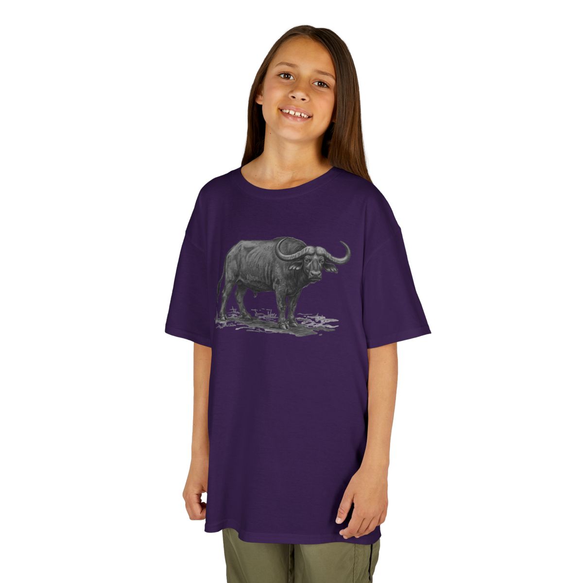 Color: Purple | Pencil Sketch Art Cape Buffalo Kids Tee