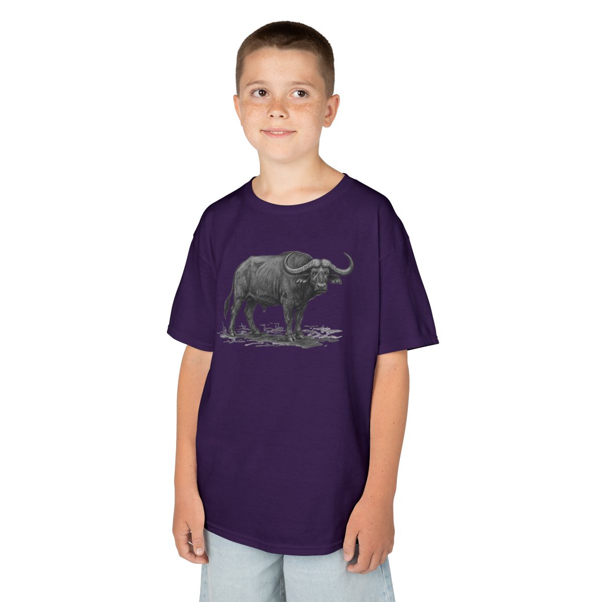 Color: Purple | Pencil Sketch Art Cape Buffalo Kids Tee