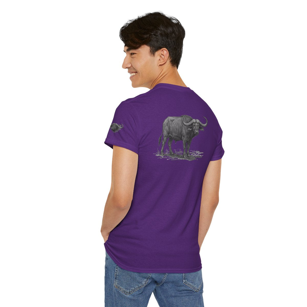 Color: Purple | Pencil Sketch Art Cape Buffalo Premium Graphic Tee